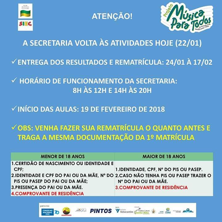 Fique ligado nas datas e venha fazer a sua rematrícula! Compareça a nossa Sede localizada na Avenida Pedro Almeida, 145, São Cristóvão! #ProjetoMúsicaParaTodos #EnsinandoArteModificandoVidas
